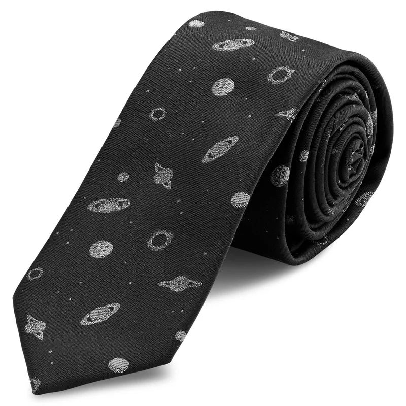 Corbata estrecha negra con planetas para hombres - Corbatas estrechas