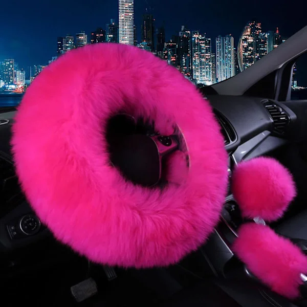 3 st fluffiga rattöverdrag, halkfria rattöverdrag i ren ull med handbromsöverdrag och växelspaksöverdrag, (rosröd) Rosröd