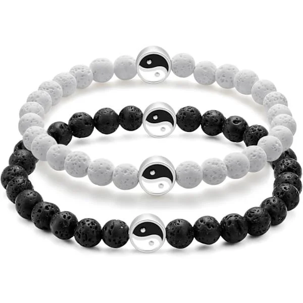 Armbåndssett, Yin Yang lavasteiner, hvit, svart, utvidbar opptil 20 cm, aromaterapi-smykker for kvinner, menn, bestevenner, hans og hennes, Essentia