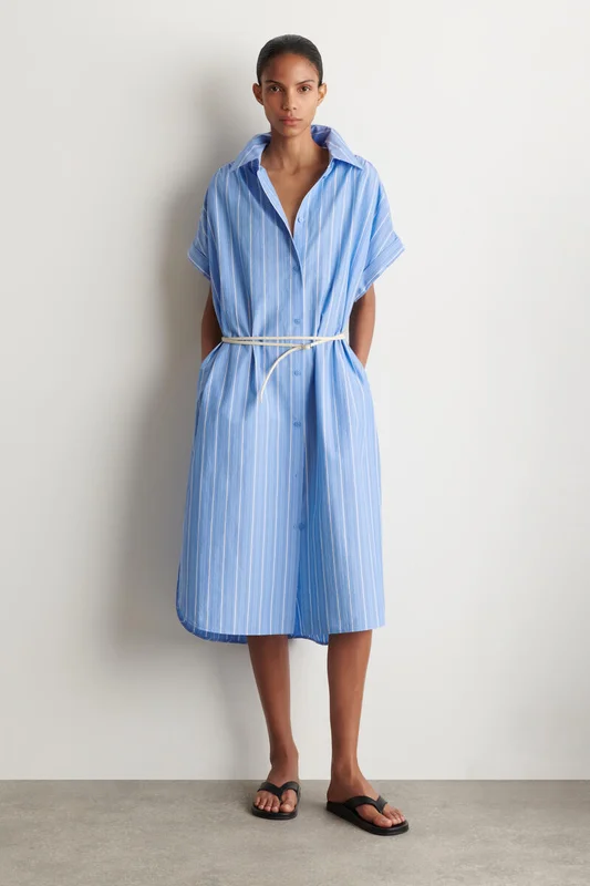 COS Women's Striped Short Sleeve Cotton Shirt Dress in Blue