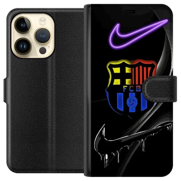 Kompatibelt Plånboksfodral till Apple iPhone 15 Pro FC Barcelonas emblem med neonliknande färger på mörk bakgrund, kraftfull fotbollsdesign