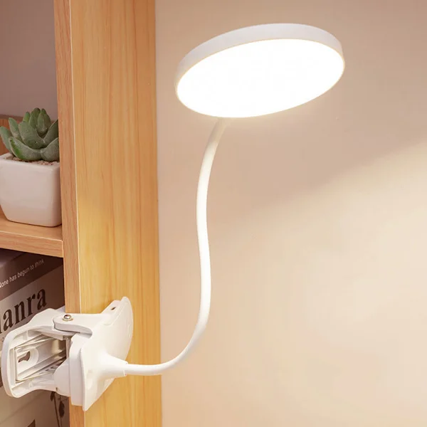 Klemme Lampe, Batteridrevet Læselampe, Sengelampe med Klemme, 3 Lysstyrker Batterilampe, USB Genopladelig - FF-