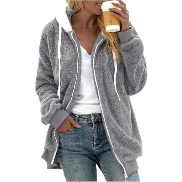 Hettejakke Dame Teddy Fleece Frakk Overgangsjakke med Hette med Lommer Glidelås Høst Vinter Plysj Jakke Fleece Jakke Vinter