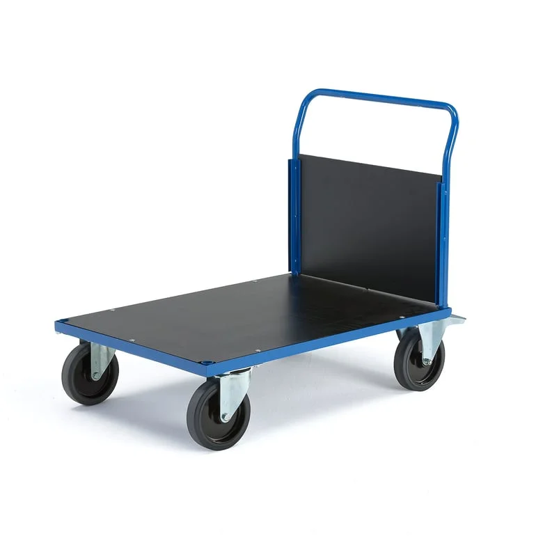 Platform trolley TRANSFER, 1 wooden end, 1000x700 mm, elastic rubber, with brakes