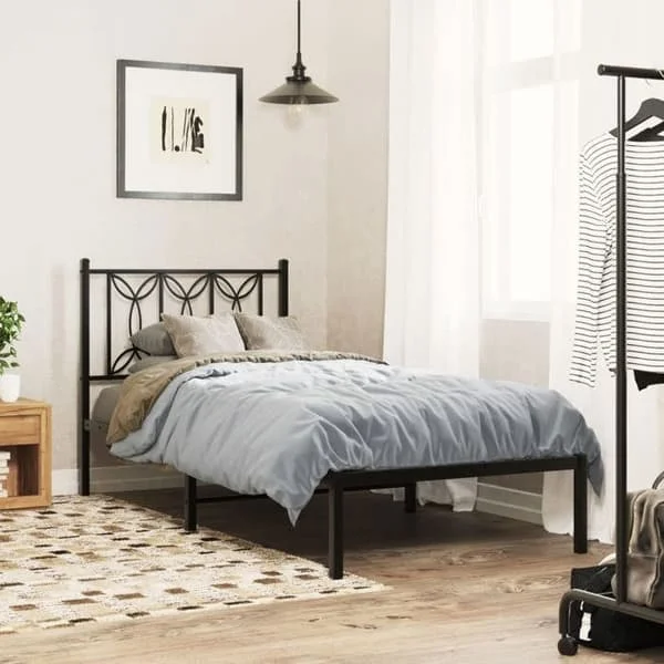 vidaXL Sängram i metall med svart sänggavel 75x190 cm, enkelsäng, möbel för sovrum, gästsäng, säng, ram 376118