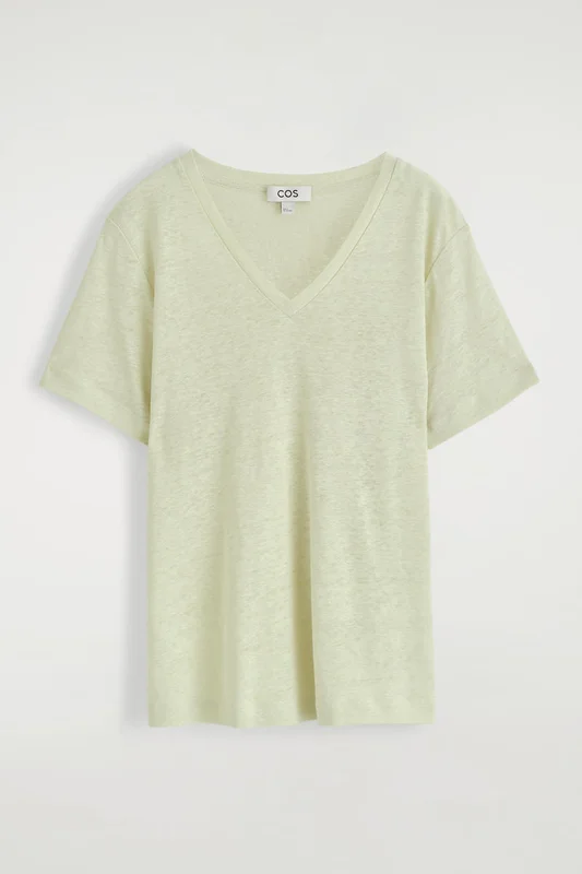 COS Damen T-Shirt Aus Leinen Mit V-Ausschnitt - Grün