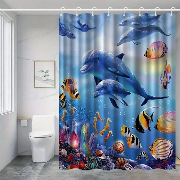 Vanntett dusjforheng med delfinmotiv, muggbestandig dusjforheng til bad, delfin dusjforheng 180x180cm 180x180cm