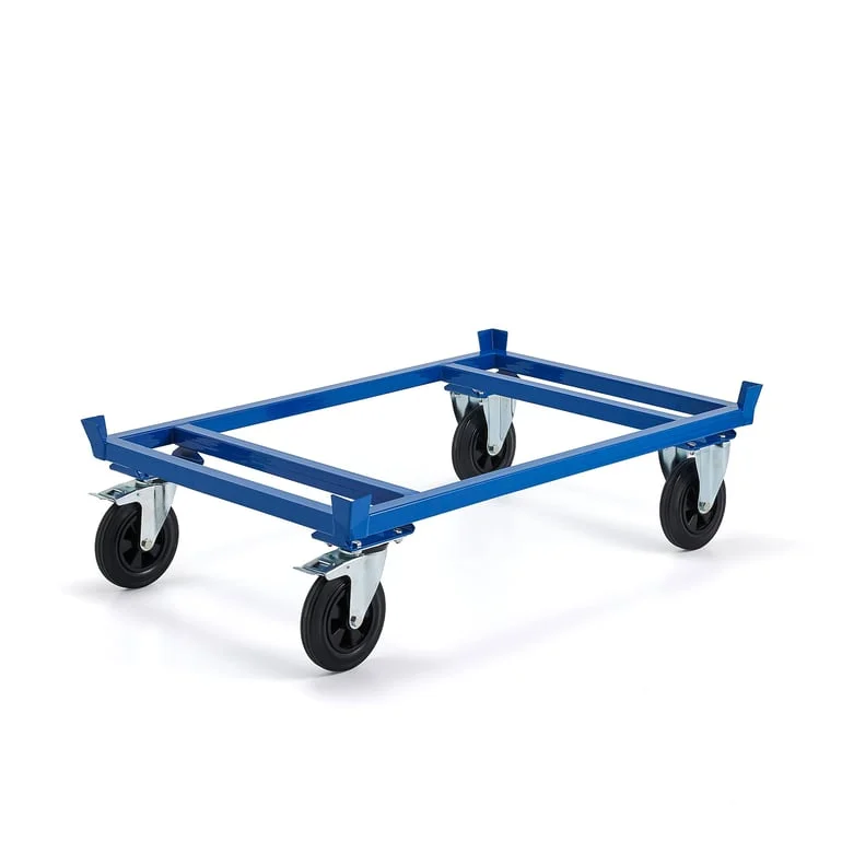 Low secure pallet trolley FRAME, 500 kg load, Ø 200 mm rubber, brakes, 1200x800x305 mm