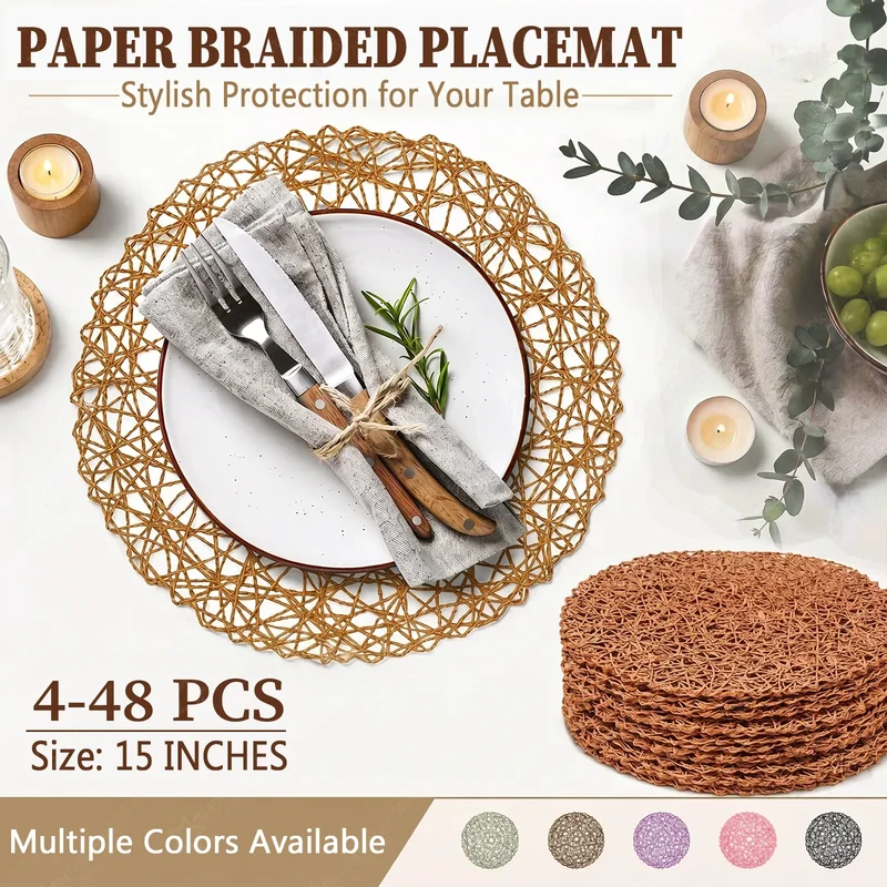 AliExpress - 6-48 pièces de sets de table ronds en papier tressé de 15 pouces, sets de table tissés, sets de table bohèmes pour tables à manger, 