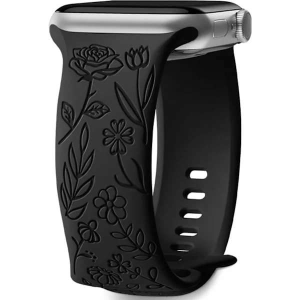 Blommig Graverad Rem Kompatibel med Apple Watch Armband 38mm 40mm 41mm för Kvinnor, Ersättningsband för iWatch Serie SE 9 8 7 6 5 4 3 2 1, Svart