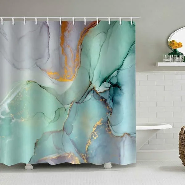 Colorful Marble Shower Curtains for Fabric Bathroom Set with 12 Hooks Abstract Ink Painting Watercolor Blue Green Jade Texture Purple and Gold Stripes
