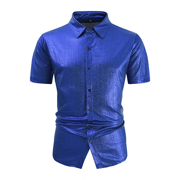Afslappet kortærmet herre poloshirt med glimmer og pailletter, 70'er disco natklub festskjorte toppe