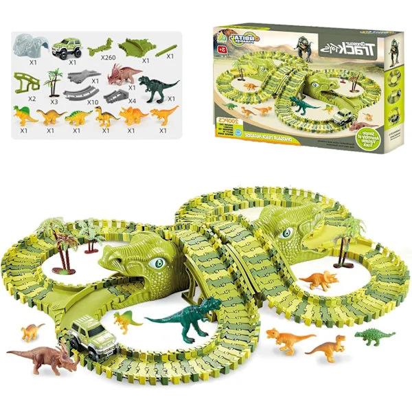 Lasten dinosaurusmalli- ja autorata-leikkisetti, opettavainen rakennuspalikkasetti, mutkitteleva autorata, sopii pojille ja tytöille