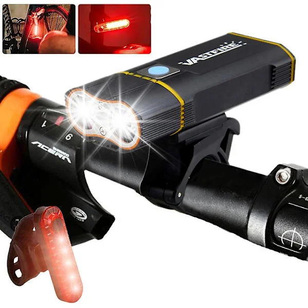 Vattentät Främre Cykellampa USB Uppladdningsbar Cykellampa 4 Lägen Främre Styre Cykellampa Med Röd Varnings Baklampa