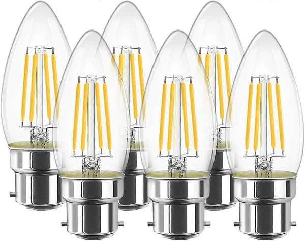 B22 LED Filament Candle, C35 4W Edison Candle Bulbs, 40W Incandescent Equivalent, Warm White 2700K Non-Dimmable (6 PCS)