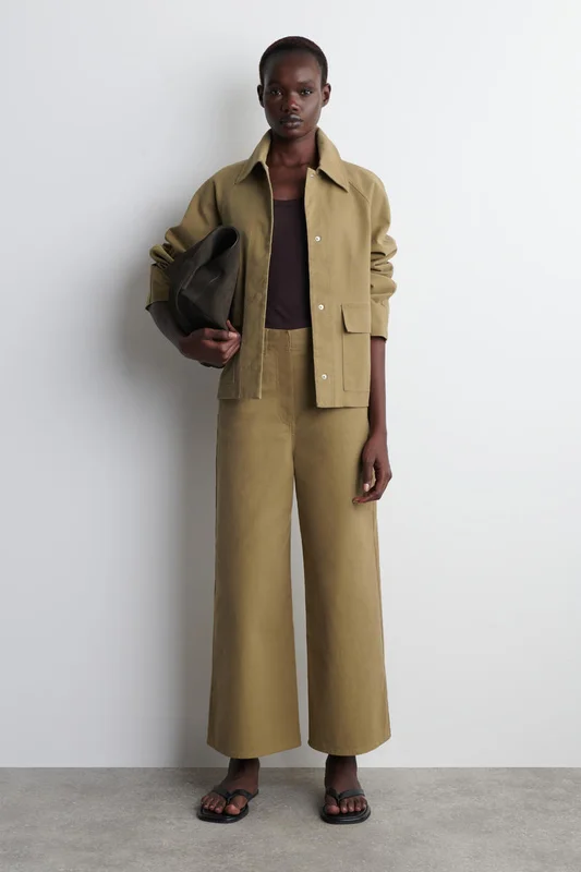 COS Women's Cotton Cropped Wide Leg Trousers in Beige