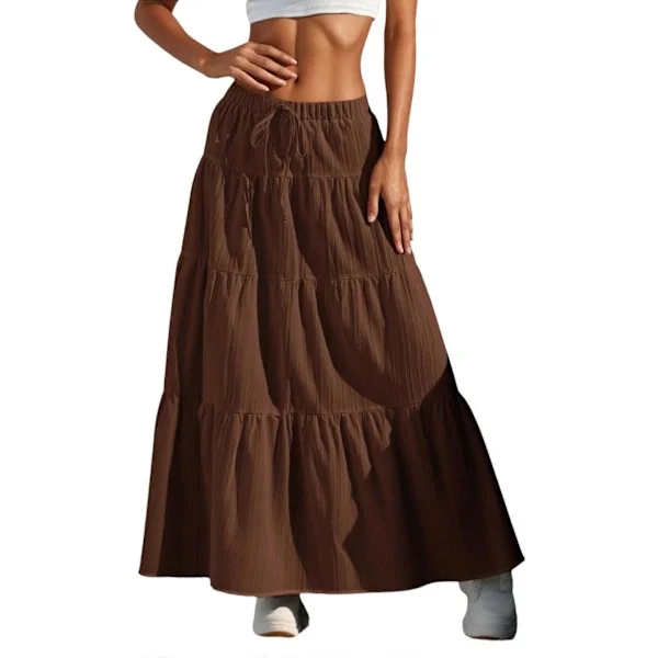 【BEMS】Naisten Boho Flowy Maxi-hame, levenevä röyhelö, joustava vyötärö, kesäinen A-linjainen pitkä hame, ruskea XL