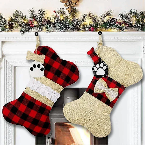 2 st Julstrumpor för Hundar, Buffalo Plaid Julstrumpor Stor Benform Hängande Julstrumpor för Husdjur - Röd+Brun