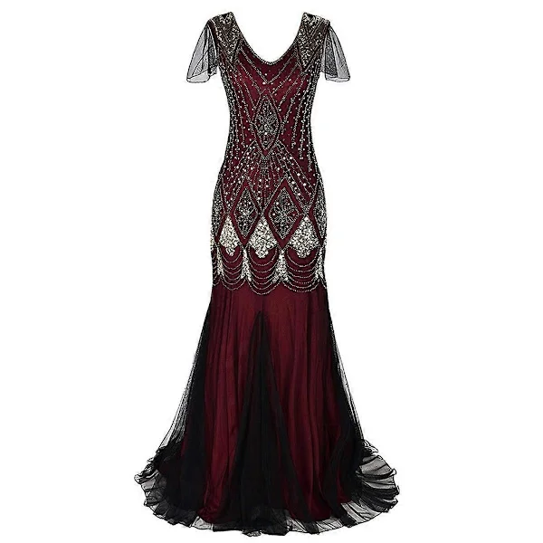 1920'er rød guld kvinders vintage pailletter frynser lang flapper kjole formel bryllup aften maxi kjole fest cocktail kjoler
