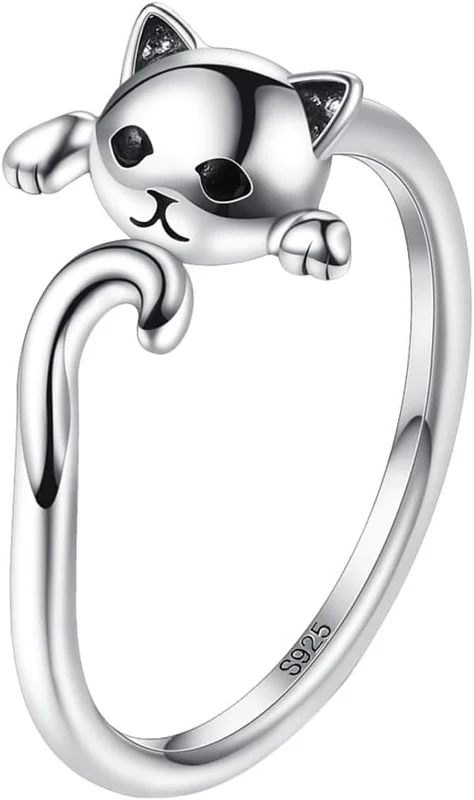 Bedårande kattmönster i sterlingsilver öppen ring för kvinnor silver fingerring smycken för vardagsbruk