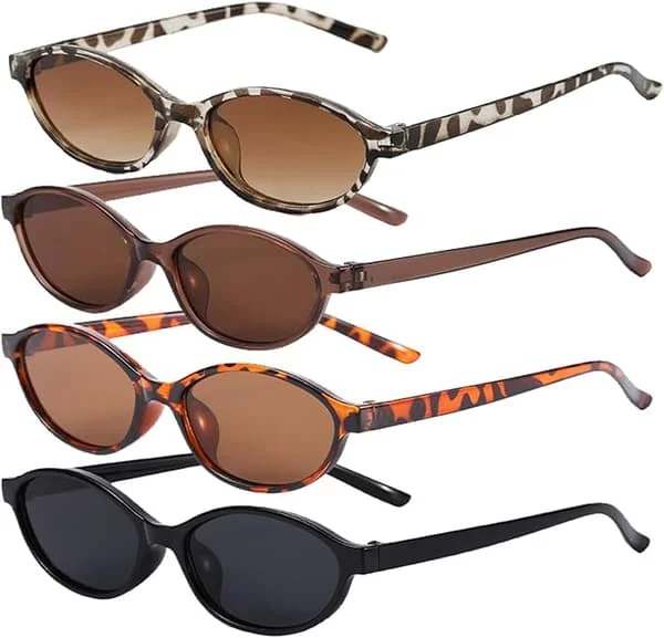 Retro ovalformade solglasögon för kvinnor, 4 par retro, små och smala 90-talsinspirerade solglasögon, ovala cat-eye solglasögon, unisex.