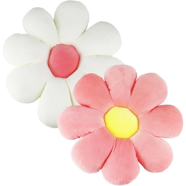 2 stk. Blomsterpute, Tusenfrydpute, Blomsterputer for barn, Søte puter, Sofaputer, 38 cm Estetiske puter, Gulvpute (rosa/hvit)
