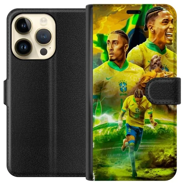 Kompatibelt Plånboksfodral till Apple iPhone 15 Pro Raphinha i Brasiliens färger med lejonmotiv, fotboll och energifylld landslagskänsla.