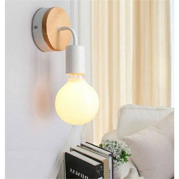 Hvit vegglampe E27 LED Jern og Tre Vegglampe for Barnerom