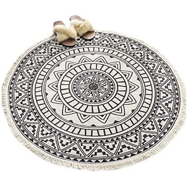 [RM]Vintage Rug Morocco Grey Rug with Fringes Washable Rugs Round 120cm Cotton