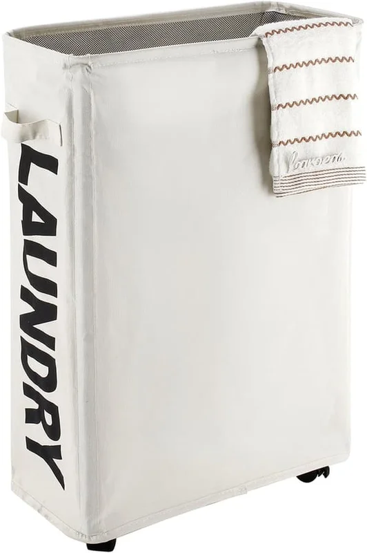 22" Rullande Smalt Tvättkorg på Hjul Hög Smal Smutsig Tvättkorg Korg Hemmahörn Bin (Beige)