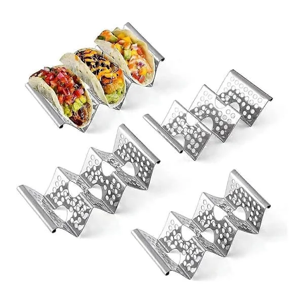 {YM}Taco-teline, 4 kpl ruostumattomasta teräksestä valmistettu teline kahvalla, taco-tarjotin pitää jopa 3 tacoa, taco-teline
