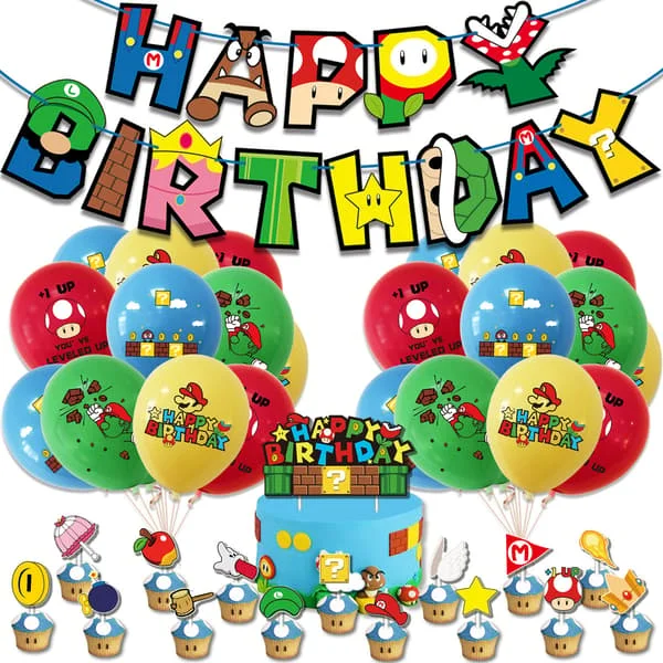 Nytt Mario-tema födelsedagsfest dekoration brev flagga tårta slot ballong set dekoration tillbehör