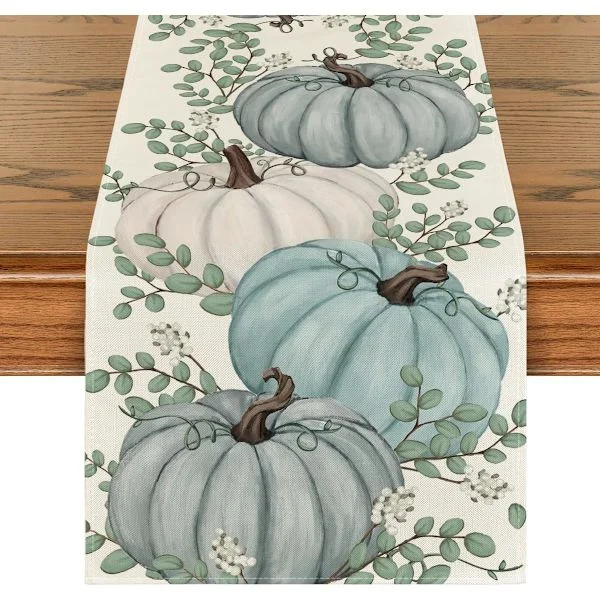 Pumpor Eukalyptusblad Höst Bordslöpare, Säsongsbetonad Höst Köksbord Dekoration för Hemfestdekor 33x183 cm