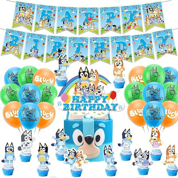 Bluey Tema Børnefødselsdag Tillykke med fødselsdagen Festartikler Kit Banner Balloner Cupcake Toppers Dekorationssæt