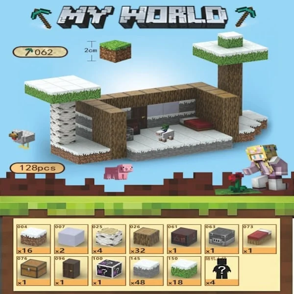 Minecraft byggeklodser, inklusive 128 seks-sidede magnetiske legetøj med 4 figurer, Snehytte 1