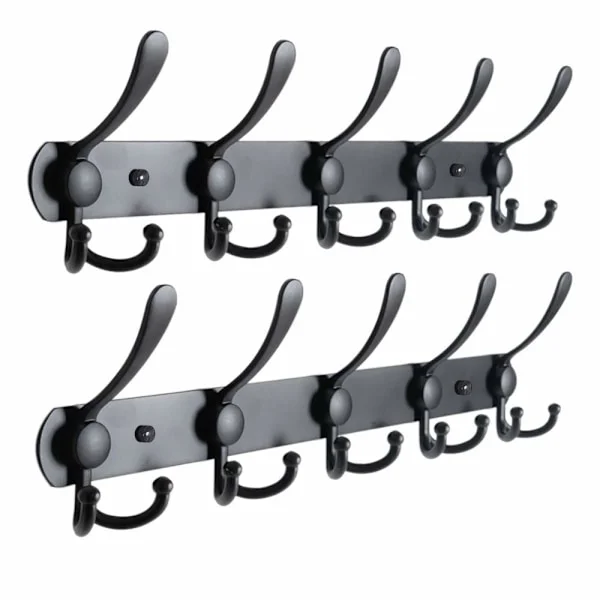 Veggmontert klesstativ, svart, klesstativ, veggmonterte kleskroker, klesstativ i rustfritt stål med 15 kroker, klesstativ, klesstativ (svart, 2 stk)