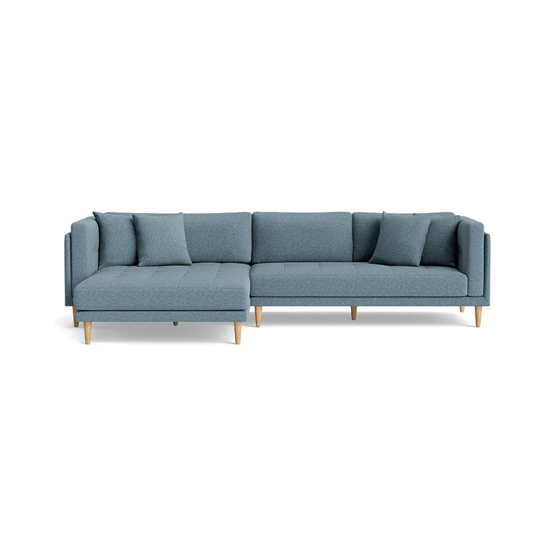 Cali Chaiselong Sofa, Venstrevendt - Hygge Pastelblå, Bred Chaiselong til 2 Voksne, 295x170x76cm - Inkl. 4 Puder - Minimalistisk Design