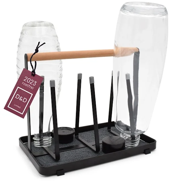 Alt-i-ett flaskeholder for SodaStream - avløpsstativ for alle typer flasker drikke- og babyflasker - universell tørkestativ (metall, svart)
