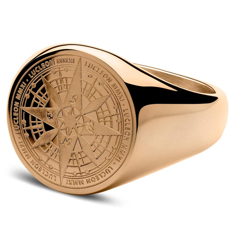 Rose Gold-tone Surgical Steel Compass Signet Ring for Men - Signet rings