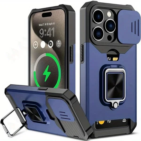 Ett skyddande skal lämpligt för Iphone 16, 15, 14, 13, 12 och 11 Pro Max och Plus-modeller, med en skjutbar kameraöppning och ett ringstativ.
