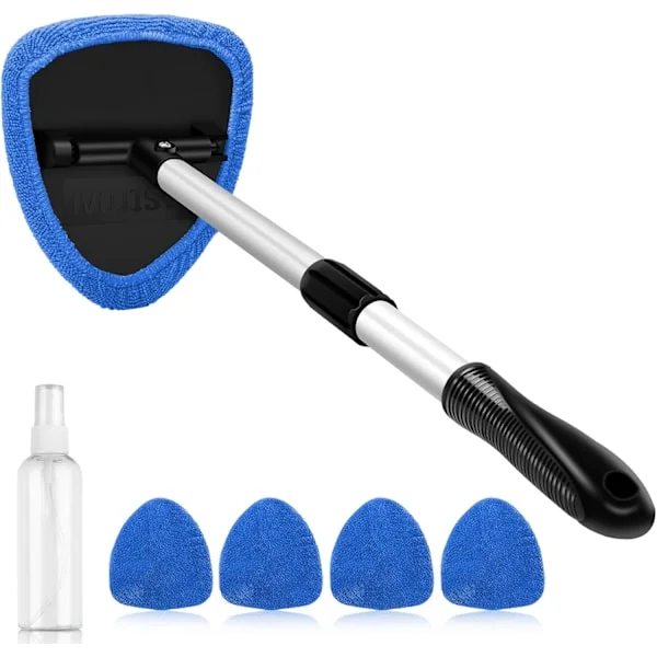 Car Interior Cleaning Kit with Extendable Handle and 4 Reusable Microfiber Pads, Car Window Wiper Brush Kit for Cars, Blue