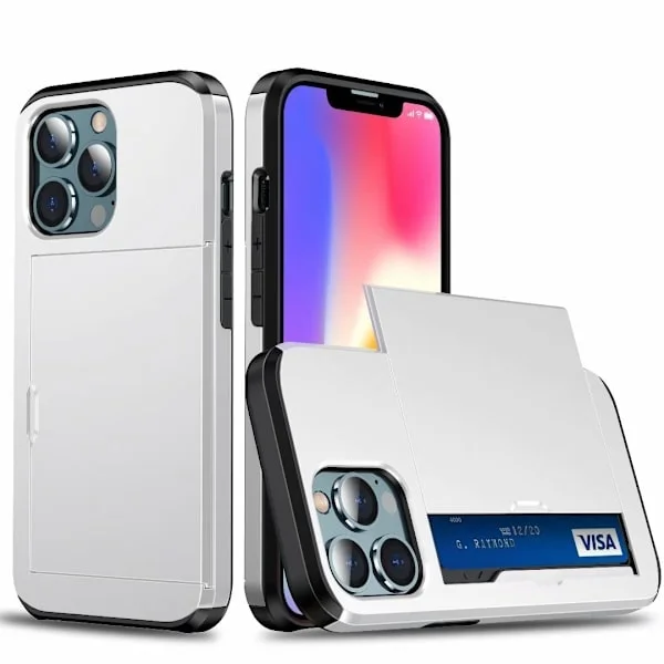 Lämplig för iPhone 17 Pro Max mobilskal, 2-i-1 kortfodral med skjutbar skyddande kreditkortshållare ID-kortsfack vit iPhone 17 Pro Max