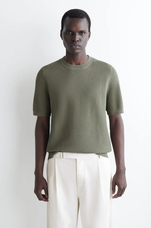 COS Men's Waffle-Knit Cotton T-Shirt in Green