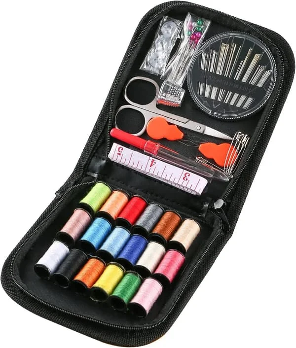 A portable sewing kit that includes a selection of sewing threads, stainless steel scissors, a thimble, and more