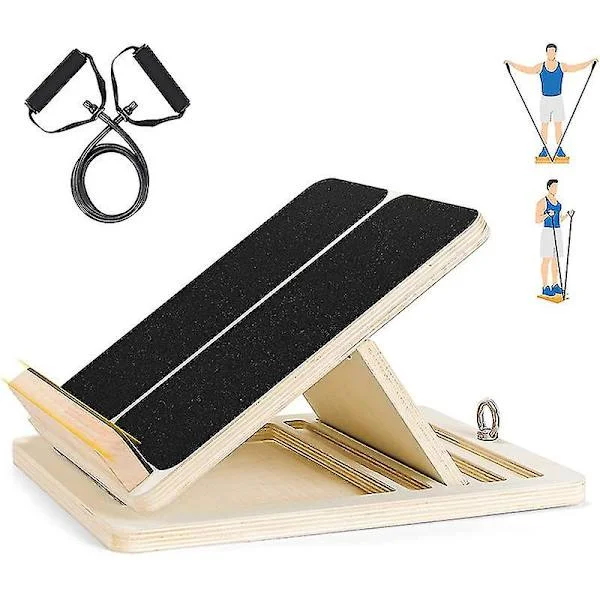 Professional Slant Board, Wooden Calf Stretcher, Adjustable Angle Board with Bonus Resistance Tube, Foldable Design for Gate