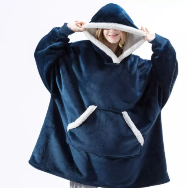Mub- TV fleece fortykket udvidet pyjamas varmt TV-tæppe udendørs kold badekåbe hættetrøje tæppe blå Længde 80*130cm