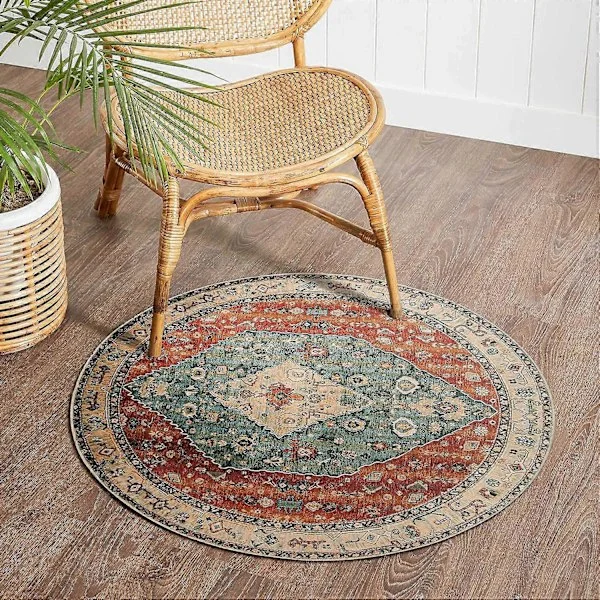 Boho l Rundt Teppe, 90 cm Falsk Ull Lite Rundt Område Teppe Myk Vaskbar Inngangsparti Foaje Matte Sklisikker Lav-Luv Gulvteppe for Gang Innendørs 