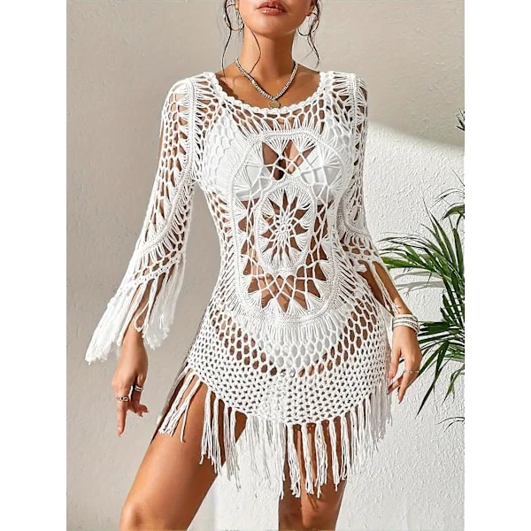 Nye modeller Chic Langærmet Boheme Cover-Up Kjole Med Frynser, Udhulet Detalje Afslappet Strandtøj til Kvinder, Badetøjsledsager