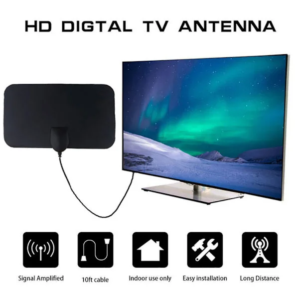 Indendørs Digitalt TV-antenne Ultratyndt HD TV-antenne 50 Miles Rækkevidde Modtager TV-kabel HDMI-kabel