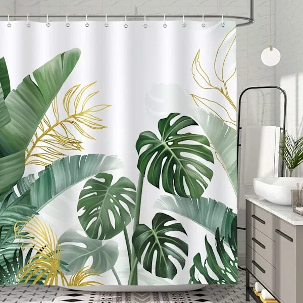Tropical Leaf Shower Curtain, Green Gold Monstera Palm Banana Leaf Plant Bathroom Curtain 72x72 Inch with 12 Hooks